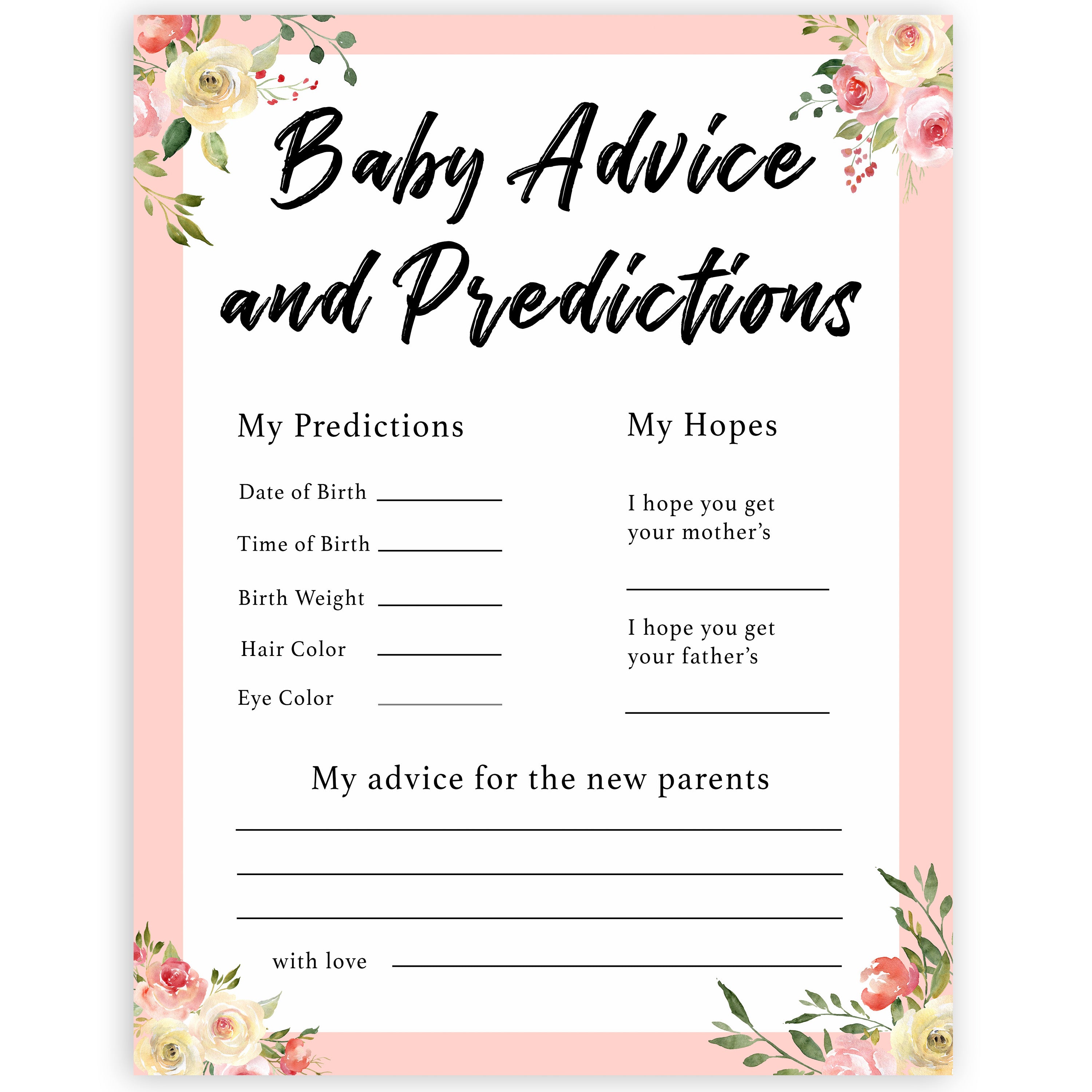 New Baby Advice & Predictions Card - Spring Floral Printable Baby Games ... New Baby Advice & Predictions Card - Spring Floral Printable Baby Games ...