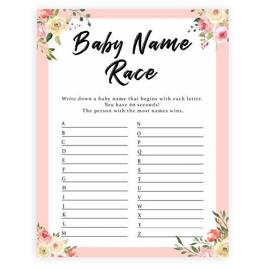 spring floral baby name race baby shower games, printable baby shower games, fun baby shower games, baby shower games, popular baby shower games