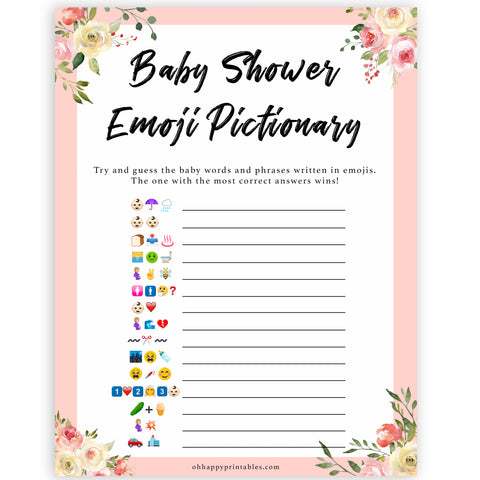 spring floral baby shower emoji pictionary baby shower games, printable baby shower games, fun baby shower games, baby shower games, popular baby shower games