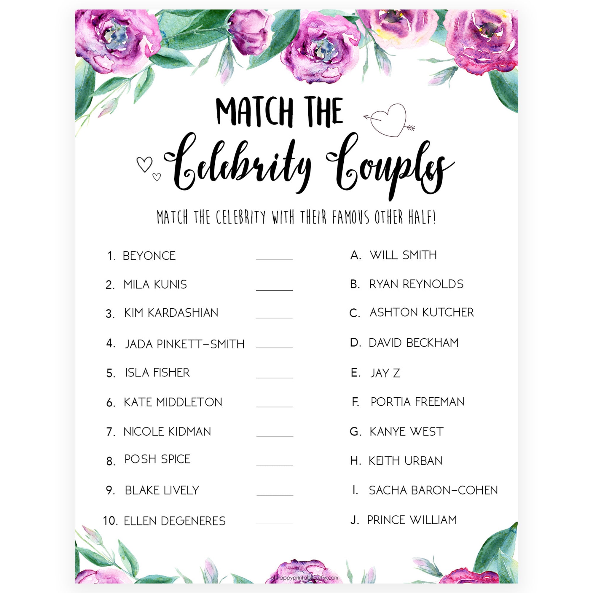 Match Celebrity Couples Game | Shop Printable Bridal Shower Games –  OhHappyPrintables