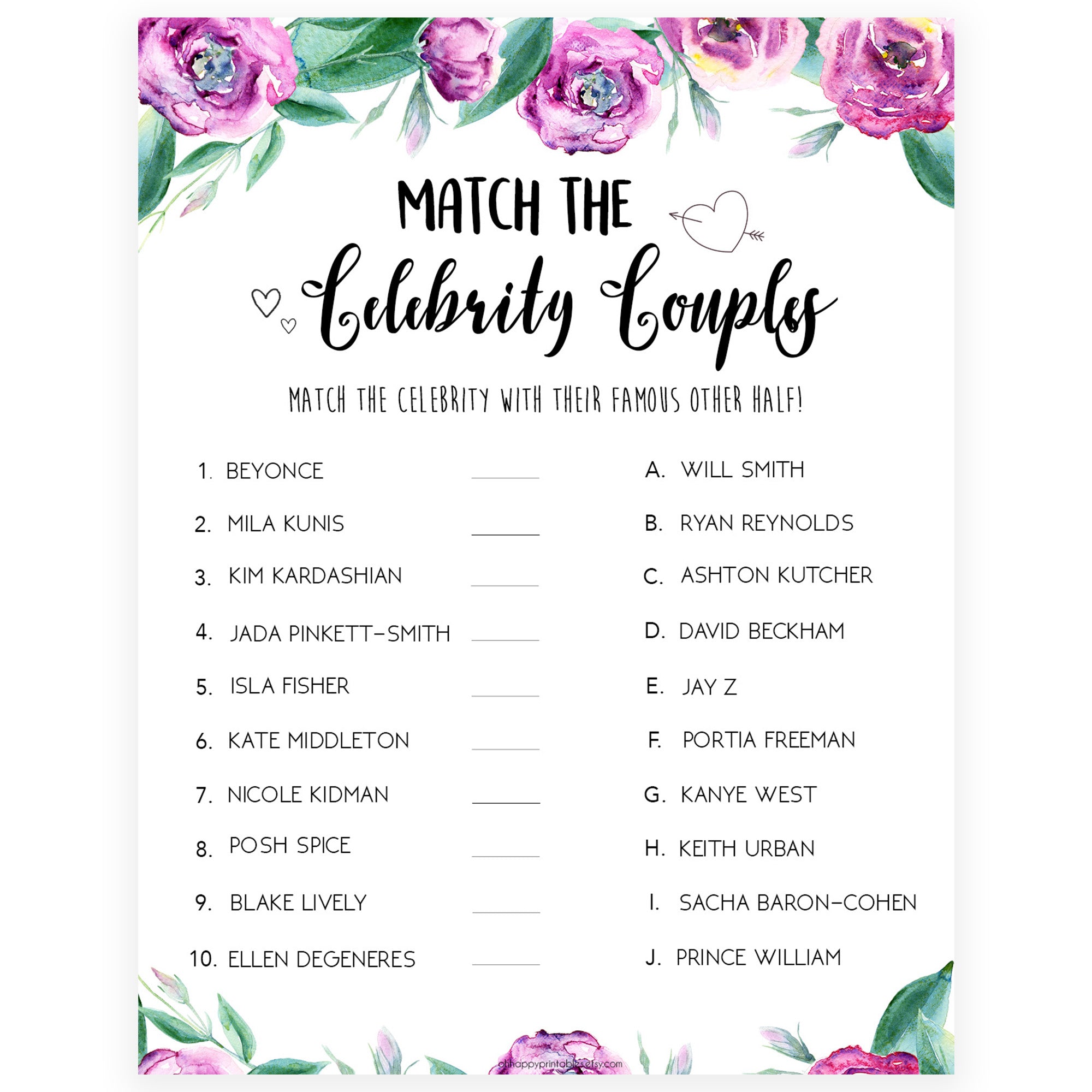 Free Printable Match the Famous Couple Game