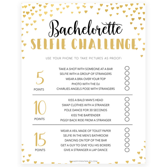 Gold hearts bachelorette games, bachelorette selfie challenge game, printable bachelorette games, hen party games, top party games, fun bridal shower games, bachelorette party games