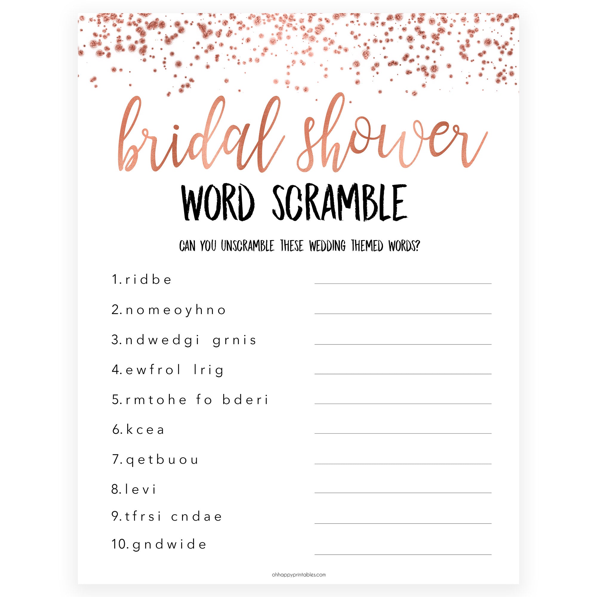 bridal-word-scramble-in-rose-gold-shop-printable-bridal-shower-games-ohhappyprintables for Free Printable Bridal Shower Games In Spanish Bridal Word Scramble in Rose Gold | Shop Printable Bridal Shower Games – OhHappyPrintables for Free Printable Bridal Shower Games In Spanish