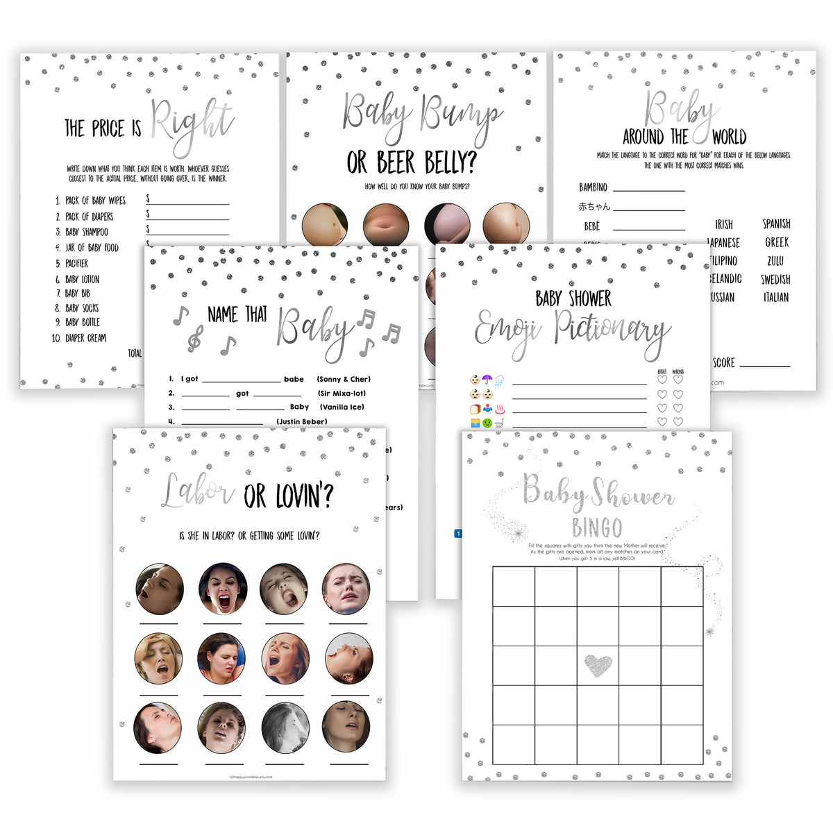 silver glitter baby shower games, printable baby shower games, silver baby games, baby shower games, fun baby shower games