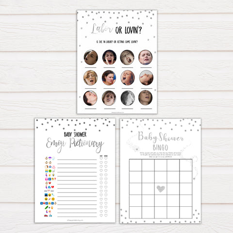 silver glitter baby shower games, printable baby shower games, silver baby games, baby shower games, fun baby shower games