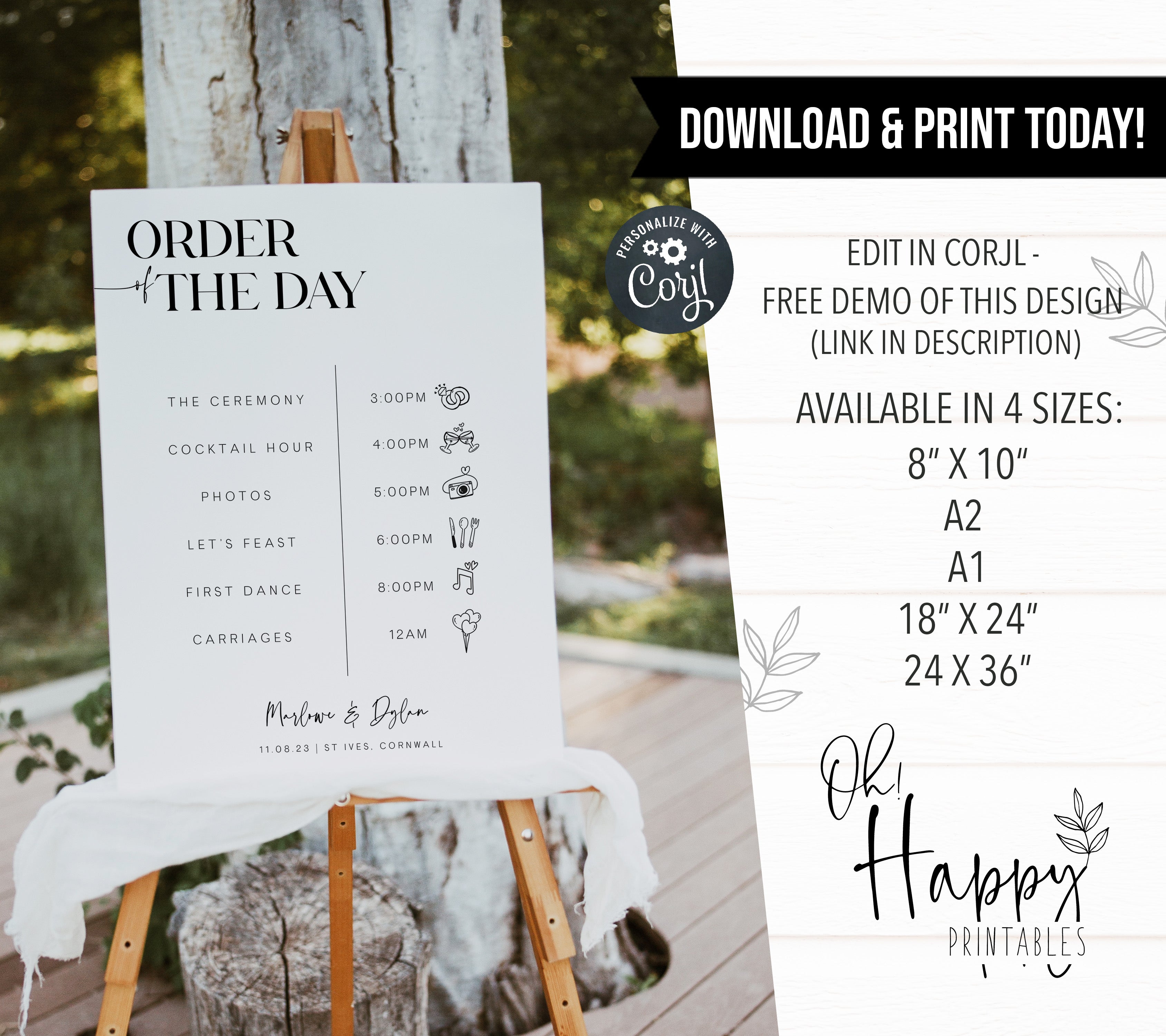 editable order of the day sign, wedding order of the day sign, printable wedding stationery, DIY wedding stationery, at home wedding stationery,