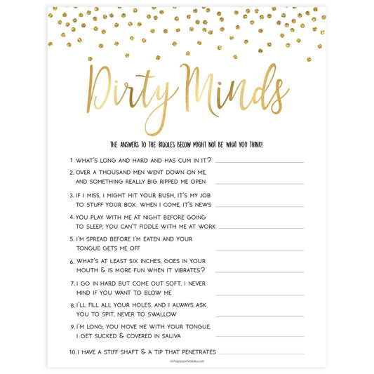 dirty minds bridal game, Printable bachelorette games, gold glitter bachelorette, friends hen party games, fun hen party games, bachelorette game ideas, gold glitter adult party games, naughty hen games, naughty bachelorette games