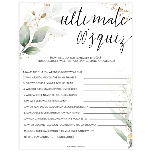 ultimate 00s quiz game, Printable bridal shower games, greenery bridal shower, gold leaf bridal shower games, fun bridal shower games, bridal shower game ideas, greenery bridal shower
