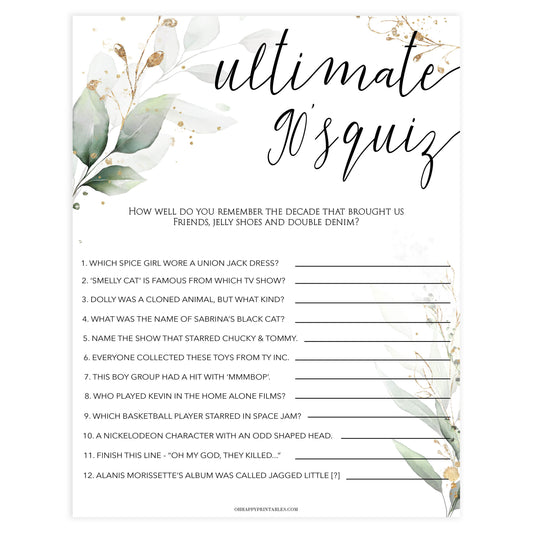 90s ultimate bridal game, Printable bachelorette games, greenery bachelorette, gold leaf hen party games, fun hen party games, bachelorette game ideas, greenery adult party games, naughty hen games, naughty bachelorette games
