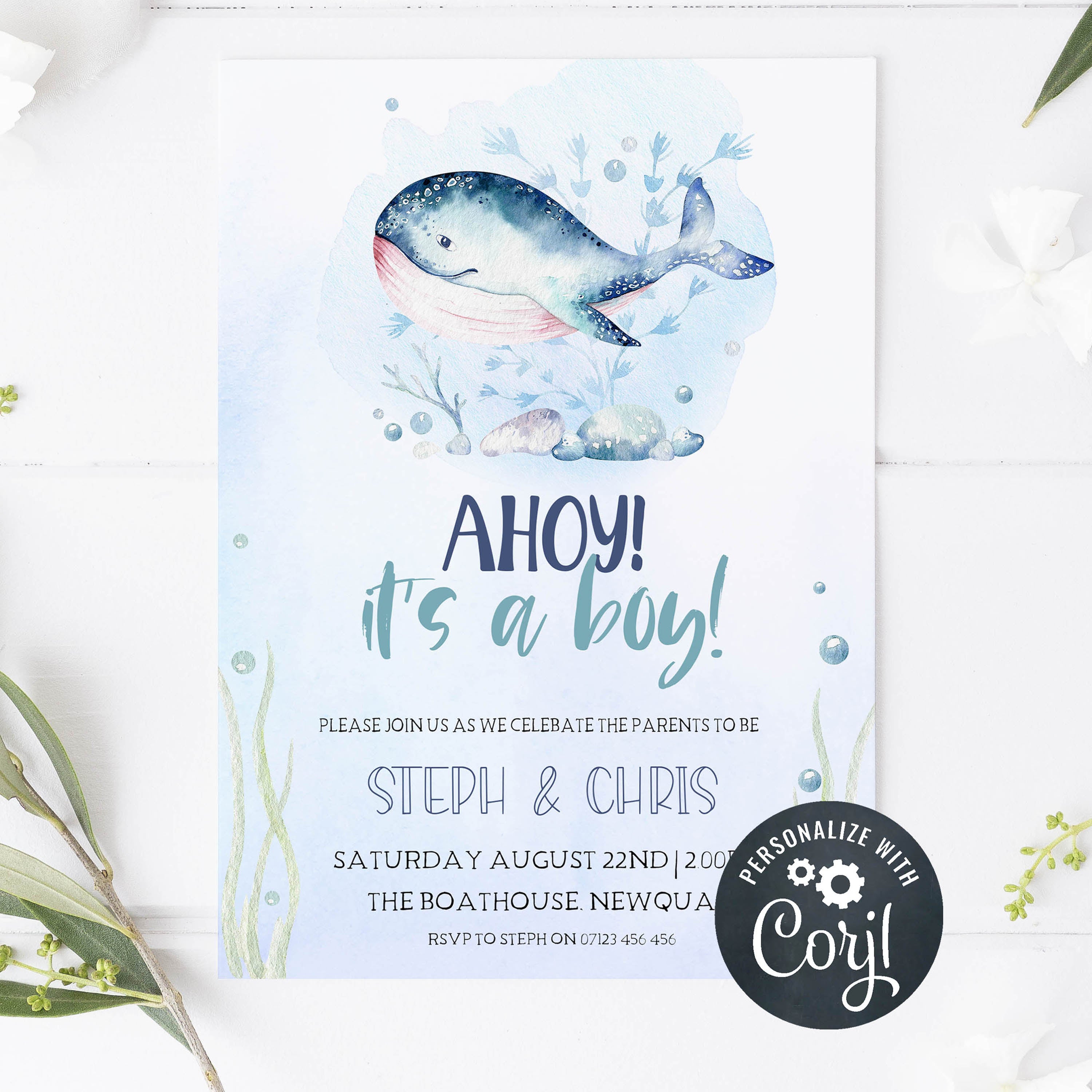 Whale Nautical Ocean Boy's Baby Shower Invitation & Thank You Digital Bundle