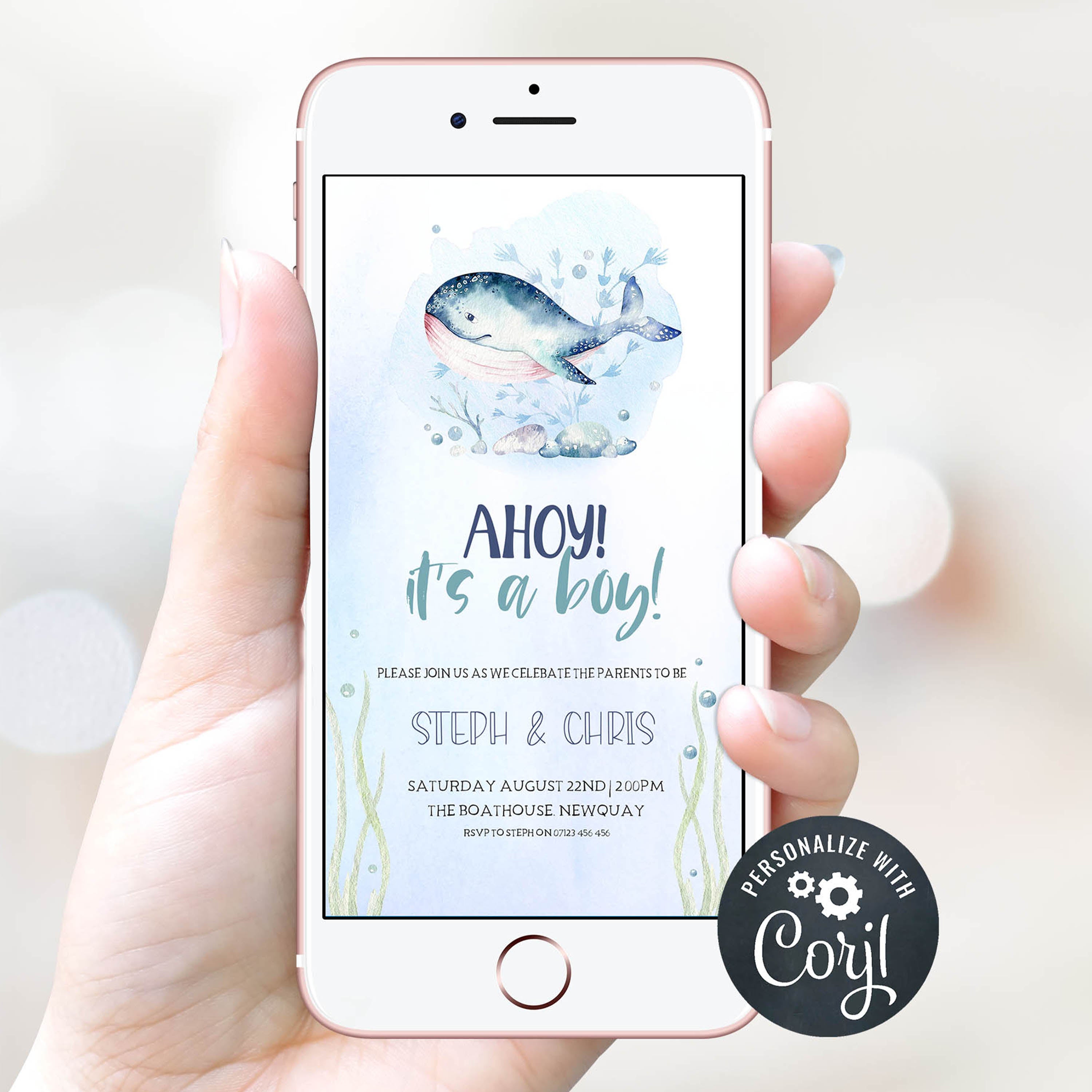 EDITABLE Ahoy Its A Boy Baby Shower Mobile Invitation - Whale