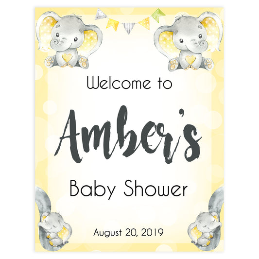 baby shower welcome sign, printable baby shower signs, baby welcome decor, yellow baby elephant baby shower, elephant baby shower
