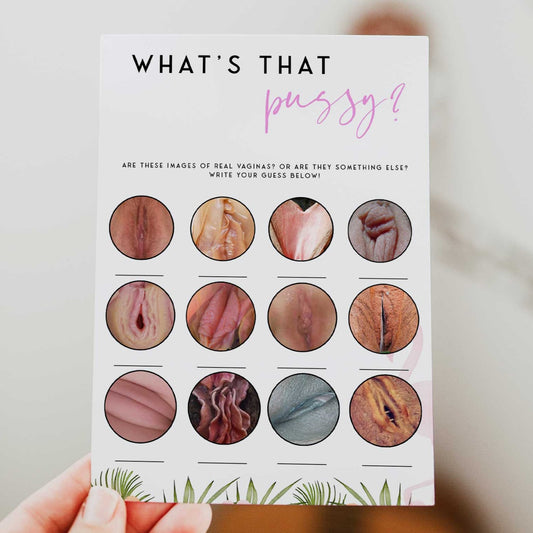Fully editable and printable what;'s that pussy game with a miami design. Perfect for a miami, Bachelorette themed party