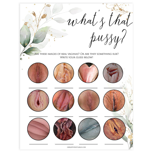 whats that pussy game, Printable bachelorette games, greenery bachelorette, gold leaf hen party games, fun hen party games, bachelorette game ideas, greenery adult party games, naughty hen games, naughty bachelorette games