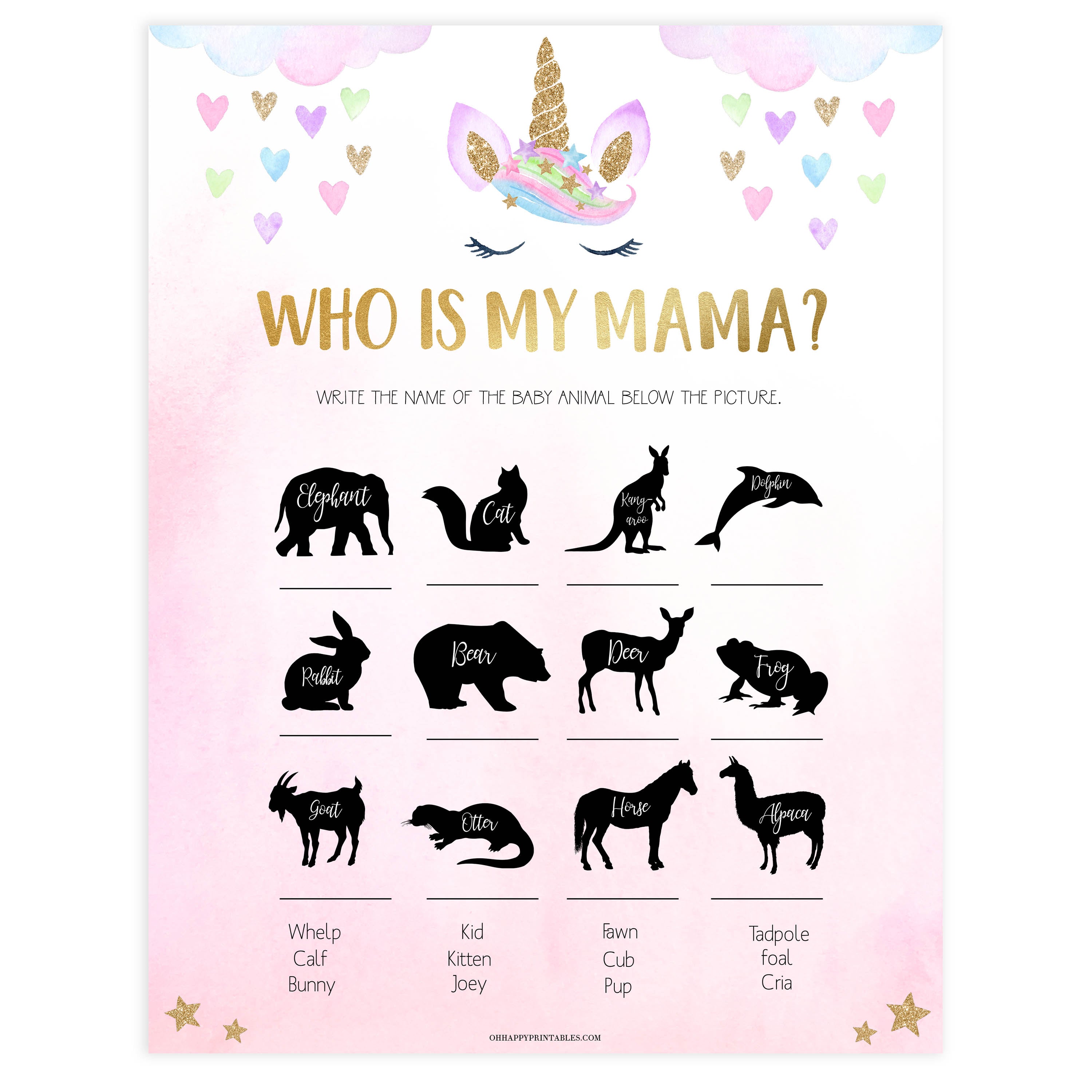 Who Is My Mama Game Unicorn Printable Baby Shower Games
