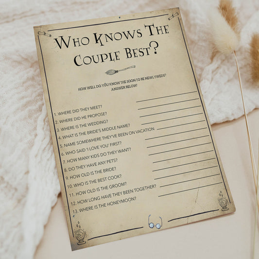 who knows the couple best game, bridal who knows the couple best,  Printable bridal shower games, Harry potter bridal shower, Harry Potter bridal shower games, fun bridal shower games, bridal shower game ideas, Harry Potter bridal shower