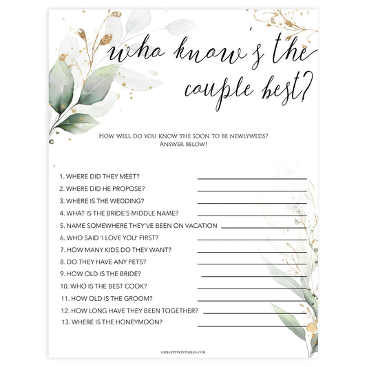 who knows the couple best game, Printable bridal shower games, greenery bridal shower, gold leaf bridal shower games, fun bridal shower games, bridal shower game ideas, greenery bridal shower