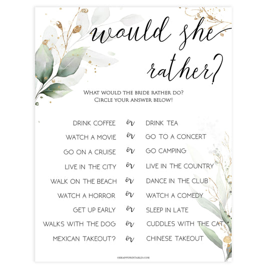 bridal would she rather game, Printable bridal shower games, greenery bridal shower, gold leaf bridal shower games, fun bridal shower games, bridal shower game ideas, greenery bridal shower