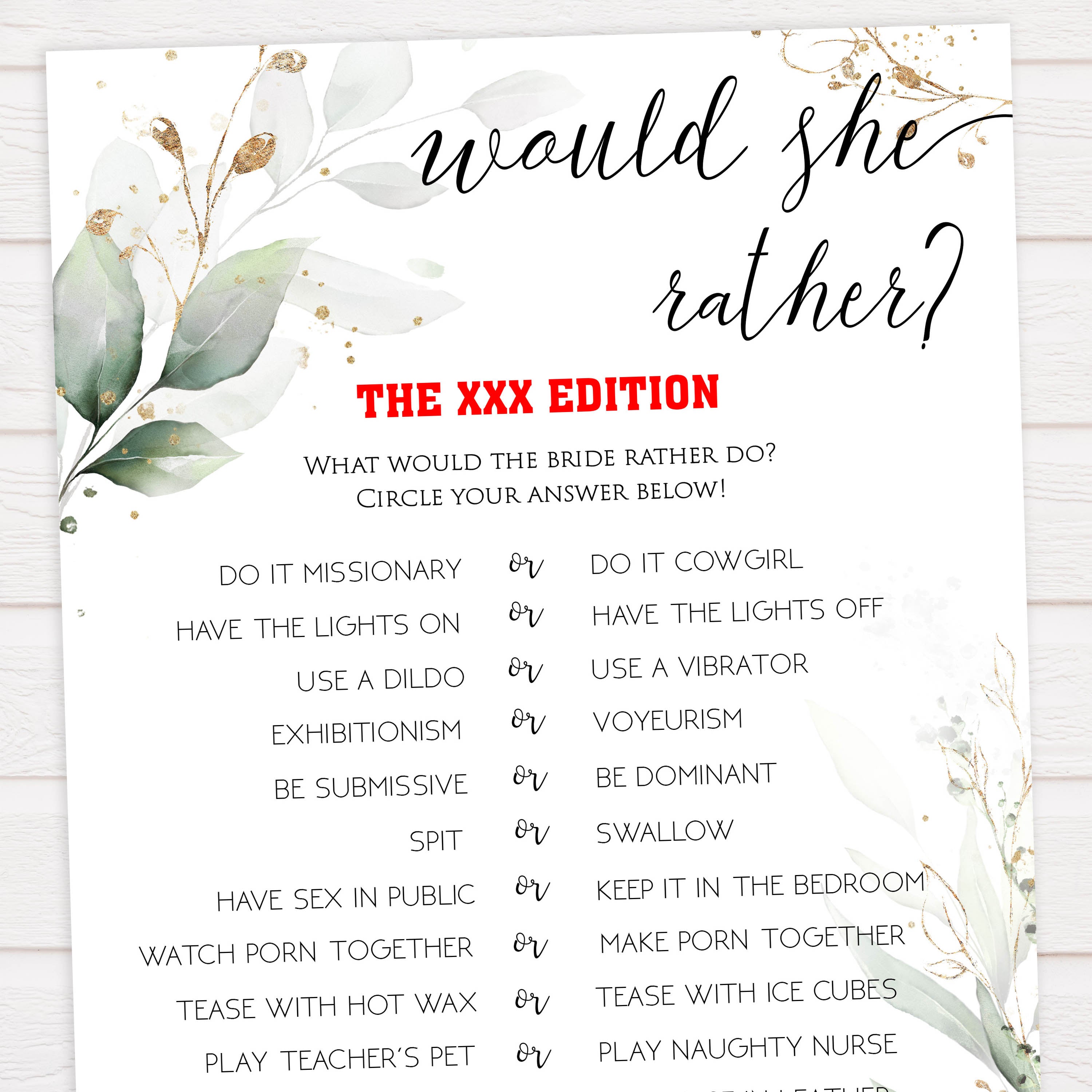 naughty would she rather game, Printable bachelorette games, greenery bachelorette, gold leaf hen party games, fun hen party games, bachelorette game ideas, greenery adult party games, naughty hen games, naughty bachelorette games