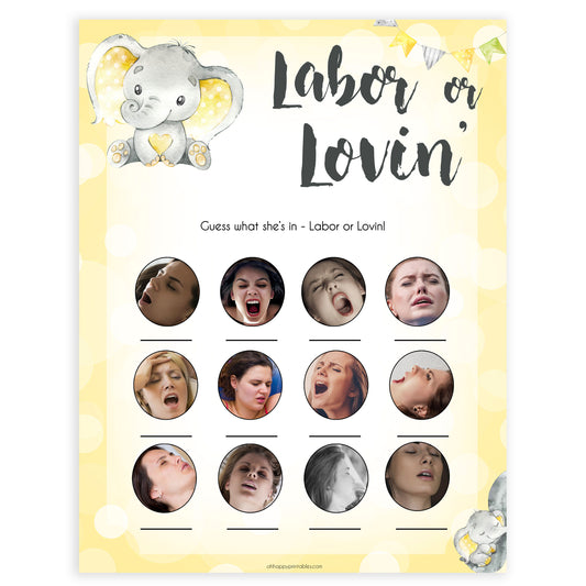 yellow elephant baby games, labor or lovin, labor or porn baby games, yellow baby games, elephant baby shower, fun baby games, top 10 baby games, popular baby games, printable baby games