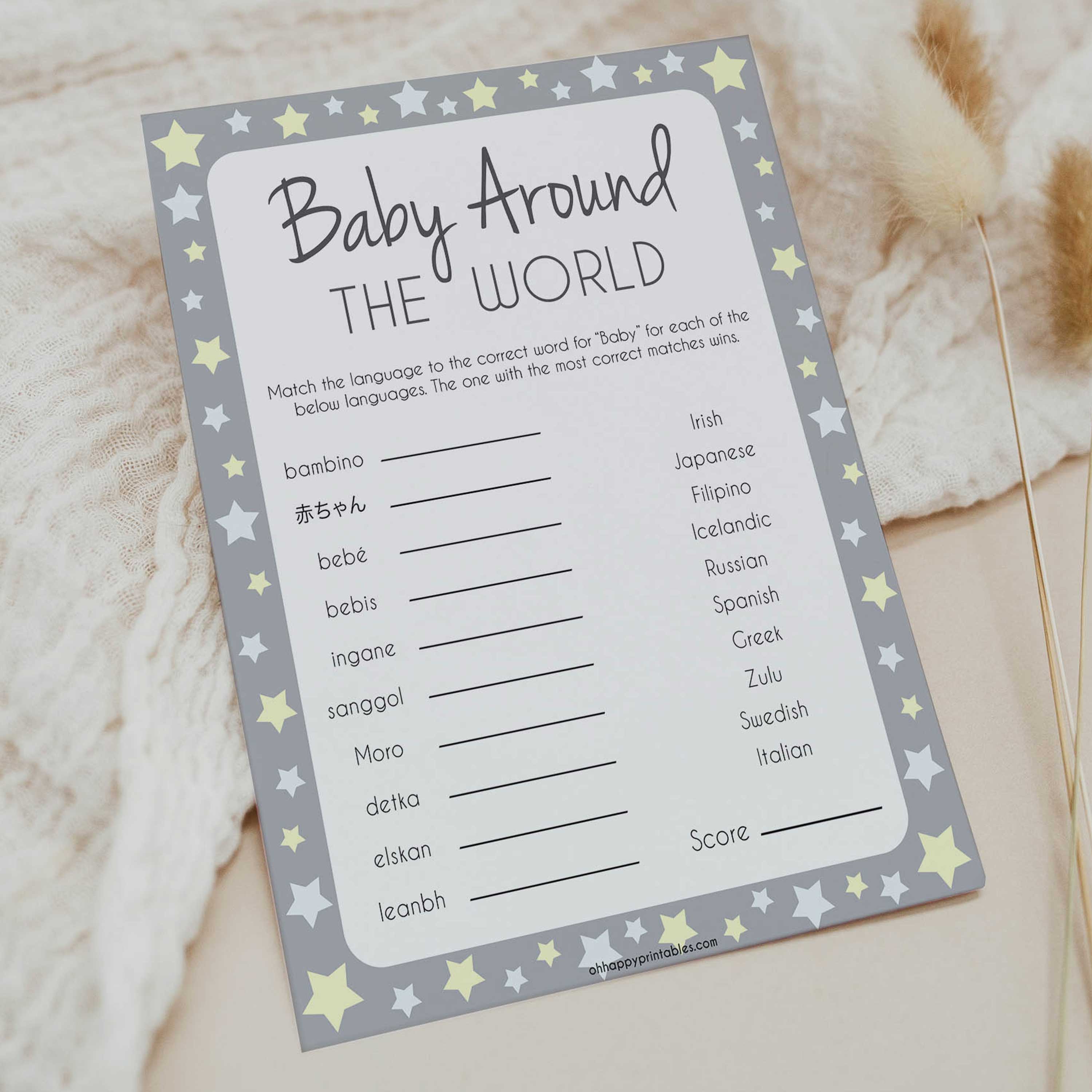 Grey Yellow Stars Baby Around The World Game, Grey Baby in Different Languages, Printable Baby Shower Games, Yellow Stars Baby Game, printable baby shower games, fun baby shower games, popular baby shower games