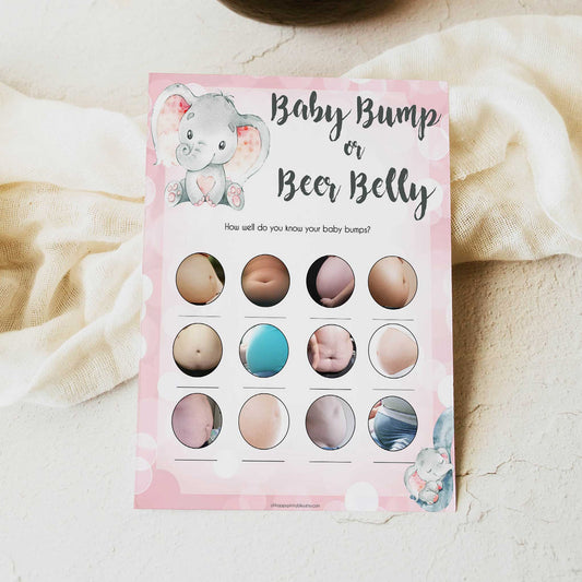 pink elephant baby games, baby bump or beer belly baby shower games, printable baby shower games, baby shower games, fun baby games, popular baby games, pink baby games