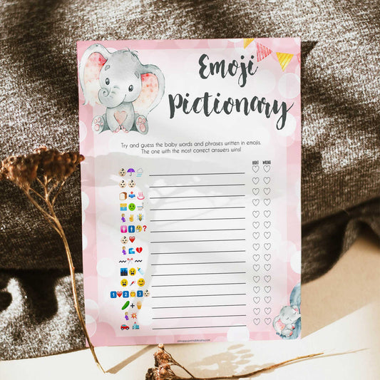 pink elephant baby games, Emoji pictionary baby shower games, printable baby shower games, baby shower games, fun baby games, popular baby games, pink baby games