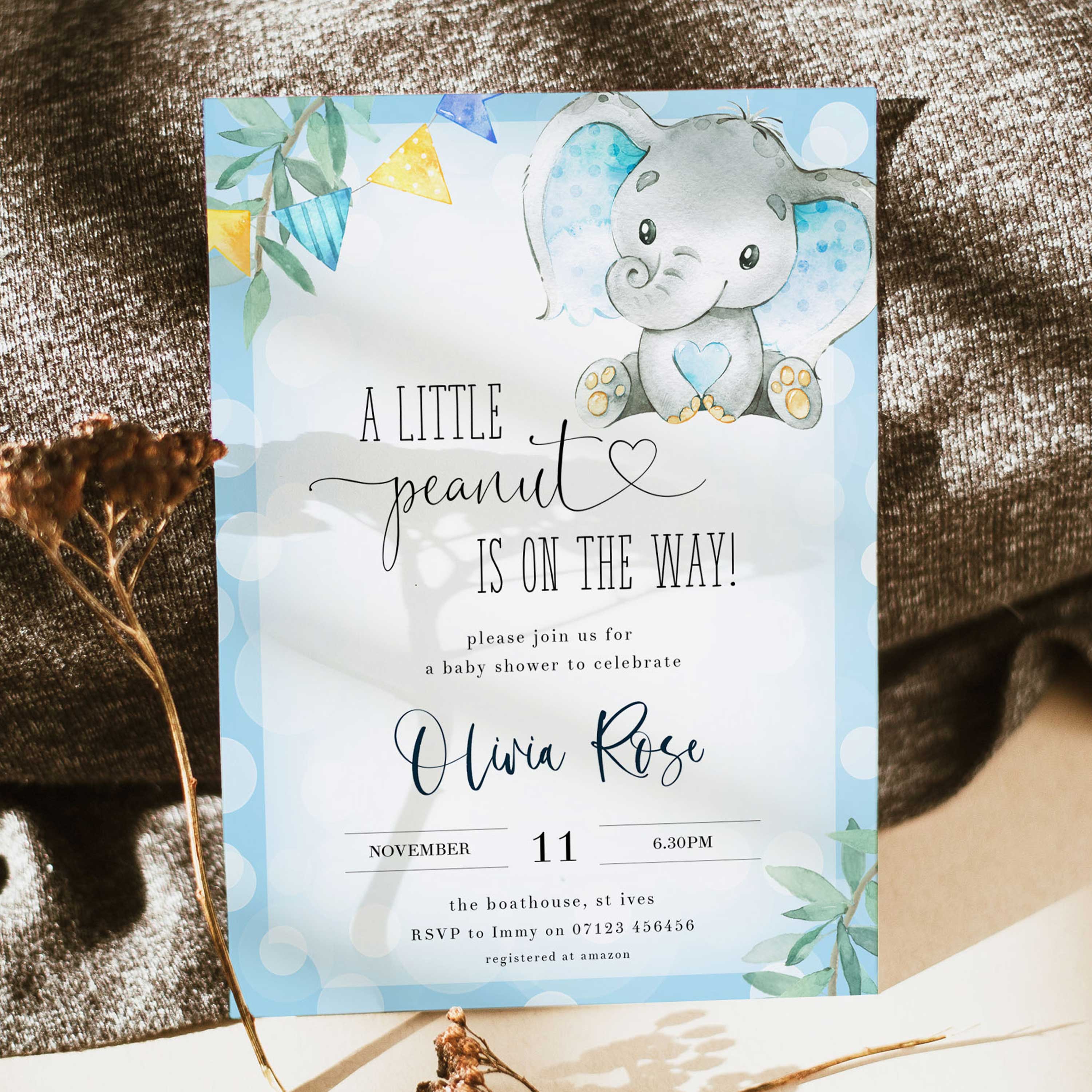 EDITABLE Little Peanut Baby Invitation Blue Elephants Baby