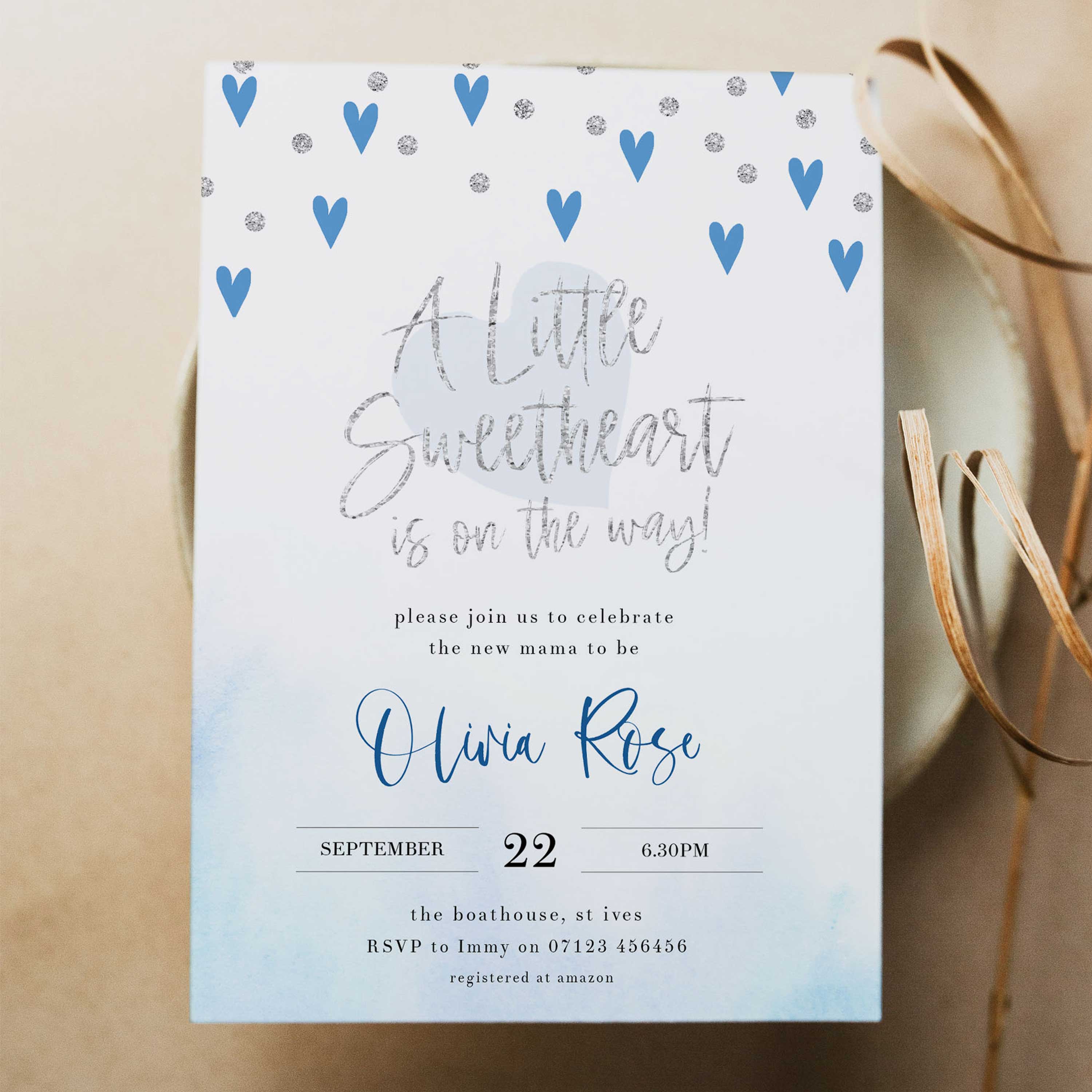 EDITABLE Baby Shower Invitation Blue Hearts Baby Invitations