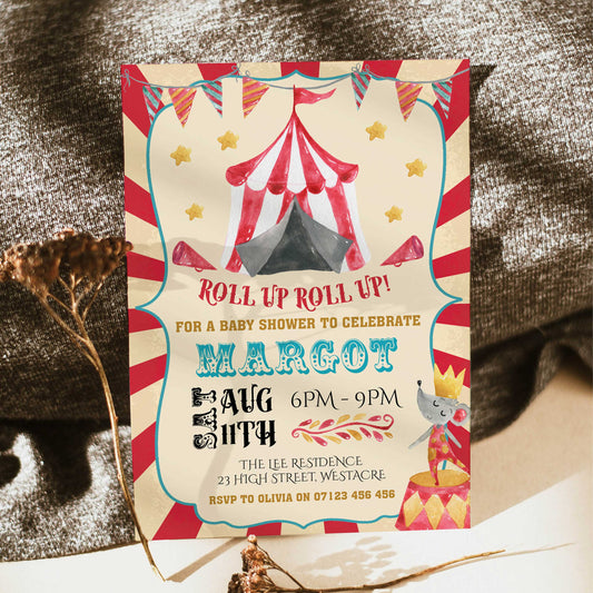 circus baby shower invitations, editable baby shower invitations, printable baby shower invitations, carnival baby shower invitations, fun baby shower invites