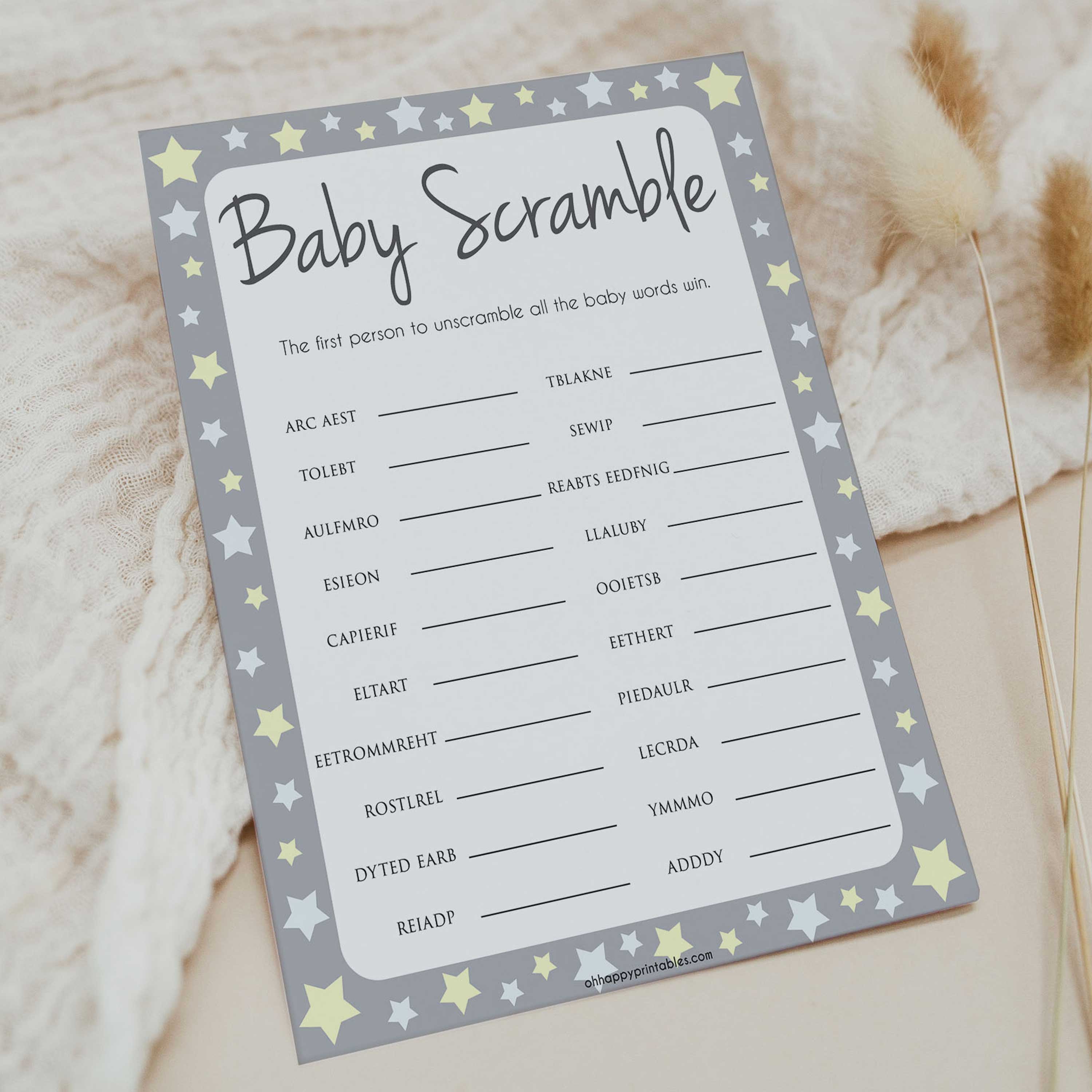 Grey Yellow Stars Baby Word Scramble Game, Grey Baby Word Scramble, Grey Baby Scattagories, Printable Baby Shower Games, Word Scramble, printable baby shower games, fun baby shower games, popular baby shower games