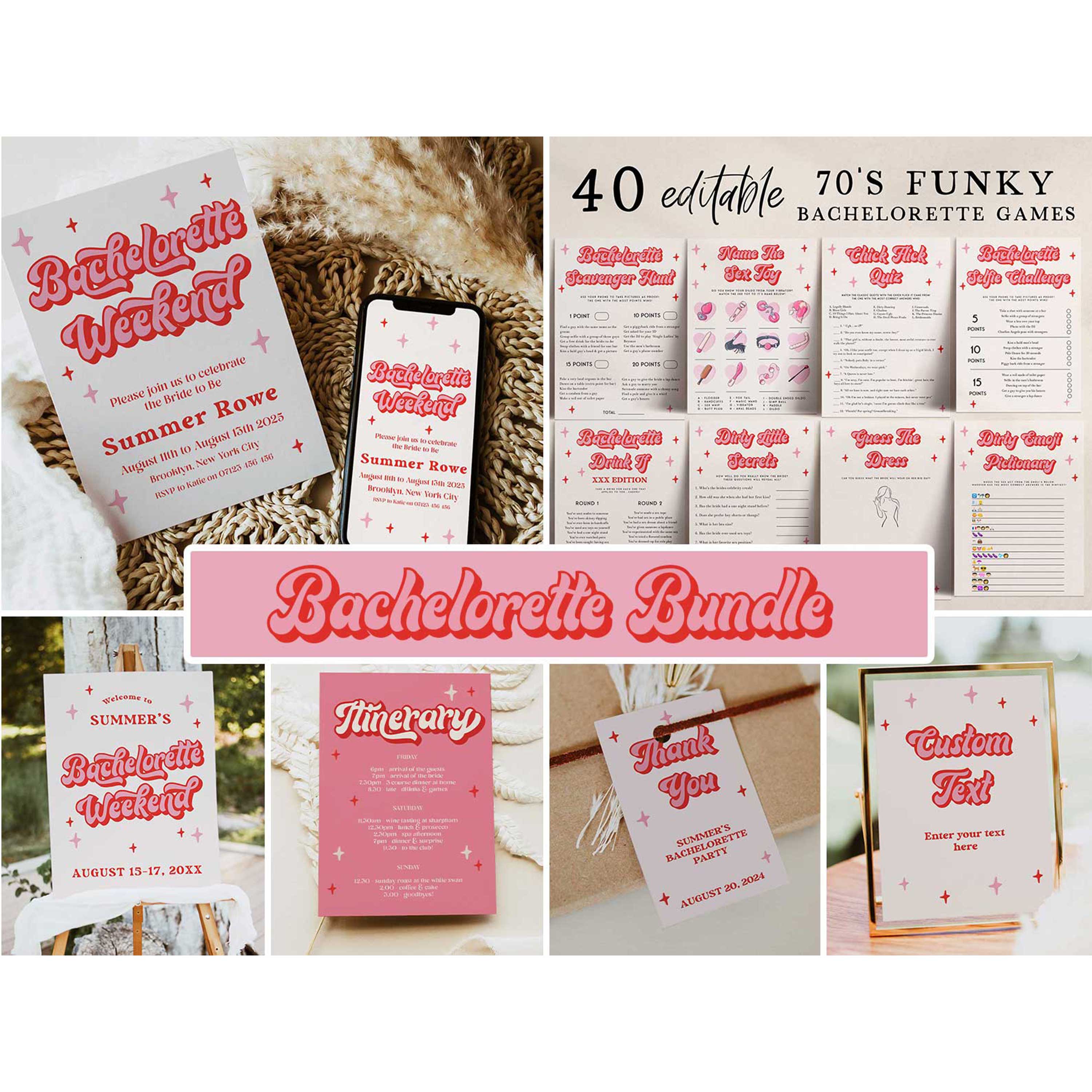 Retro 70s bachelorette party bundle including 40 editable games, invitations, and welcome signs