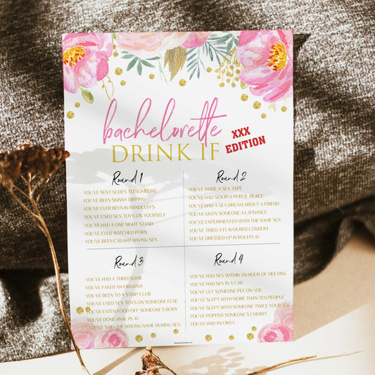 bachelorette drink if adult version, printable bridal shower games, blush floral bridal shower games, fun bridal shower games