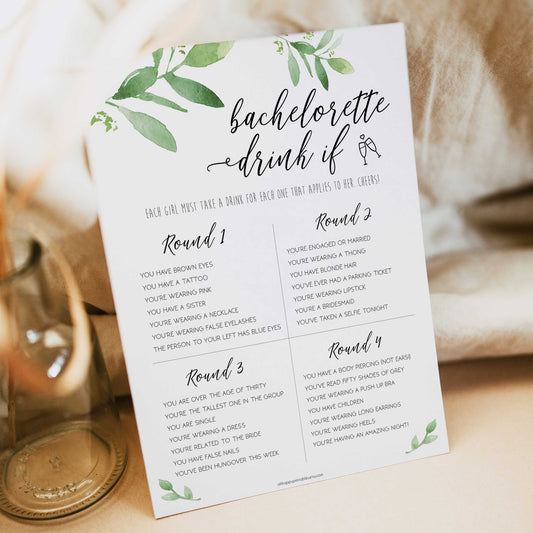 bachelorette drink if game, greenery bridal shower, fun bridal shower games, bachelorette party games, floral bridal games, hen party ideas