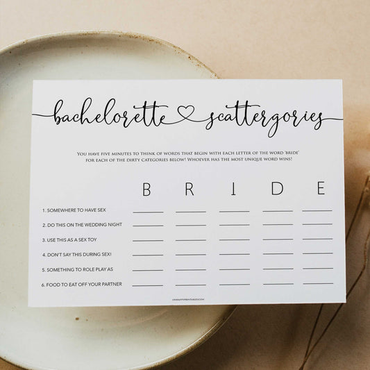 minimalist bachelorette games, dirty scattergories, bridal shower games bundle, dirty bridal games, printable bridal games, bridal shower games, hen party hames, bachelorette games