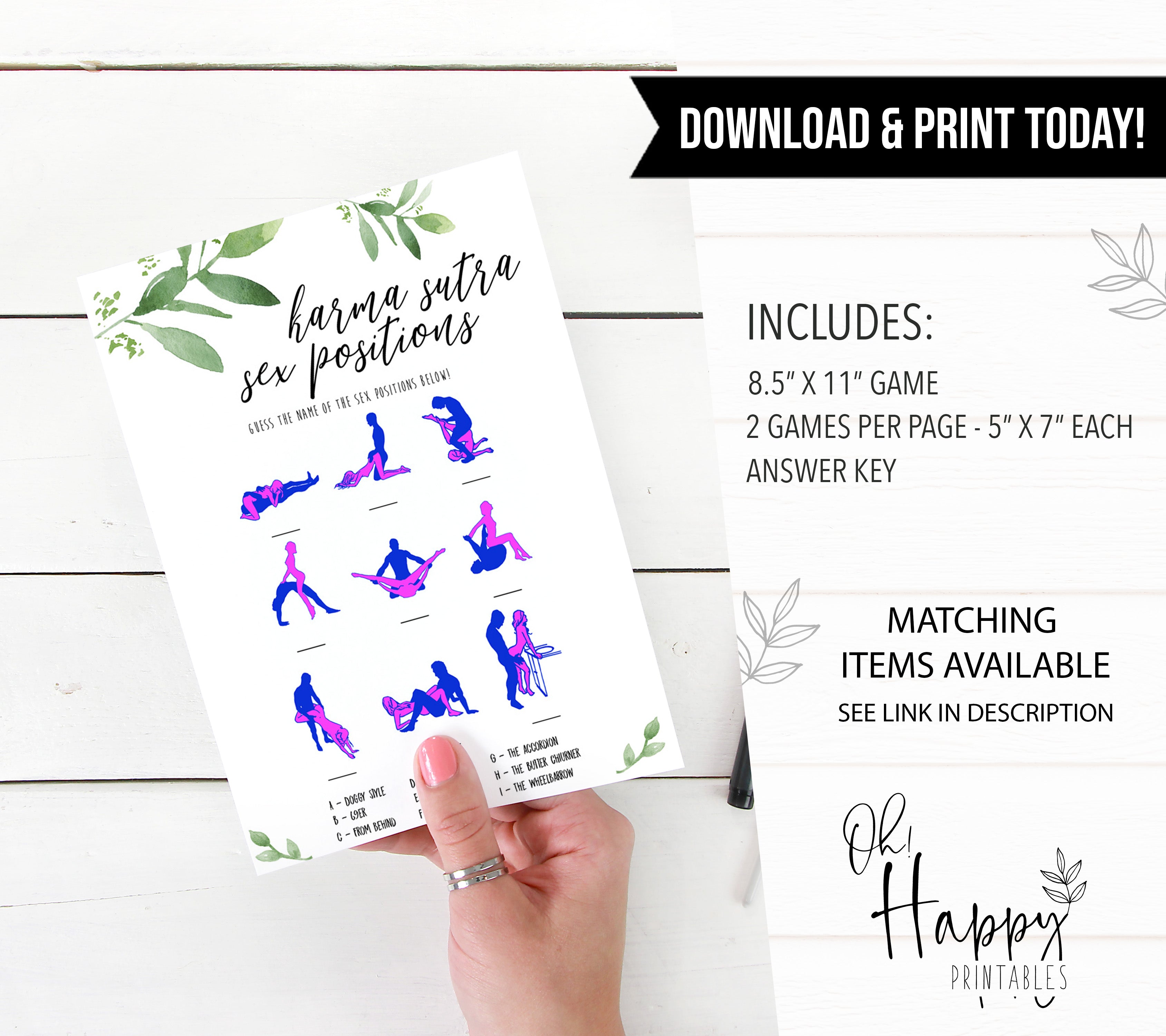 sex positions game, greenery bridal shower, fun bridal shower games, bachelorette party games, floral bridal games, hen party ideas