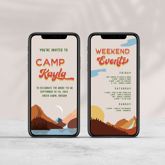 Fully editable bachelorette mobile invitation with a pine cabin design. Perfect for a cabin adventure Bachelorette themed party