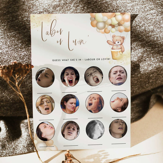 Fully editable and printable baby shower labor or lovin game with a hot air balloon teddy bear, we can bearly wait design. Perfect for a We Can Bearly Wait baby shower themed party