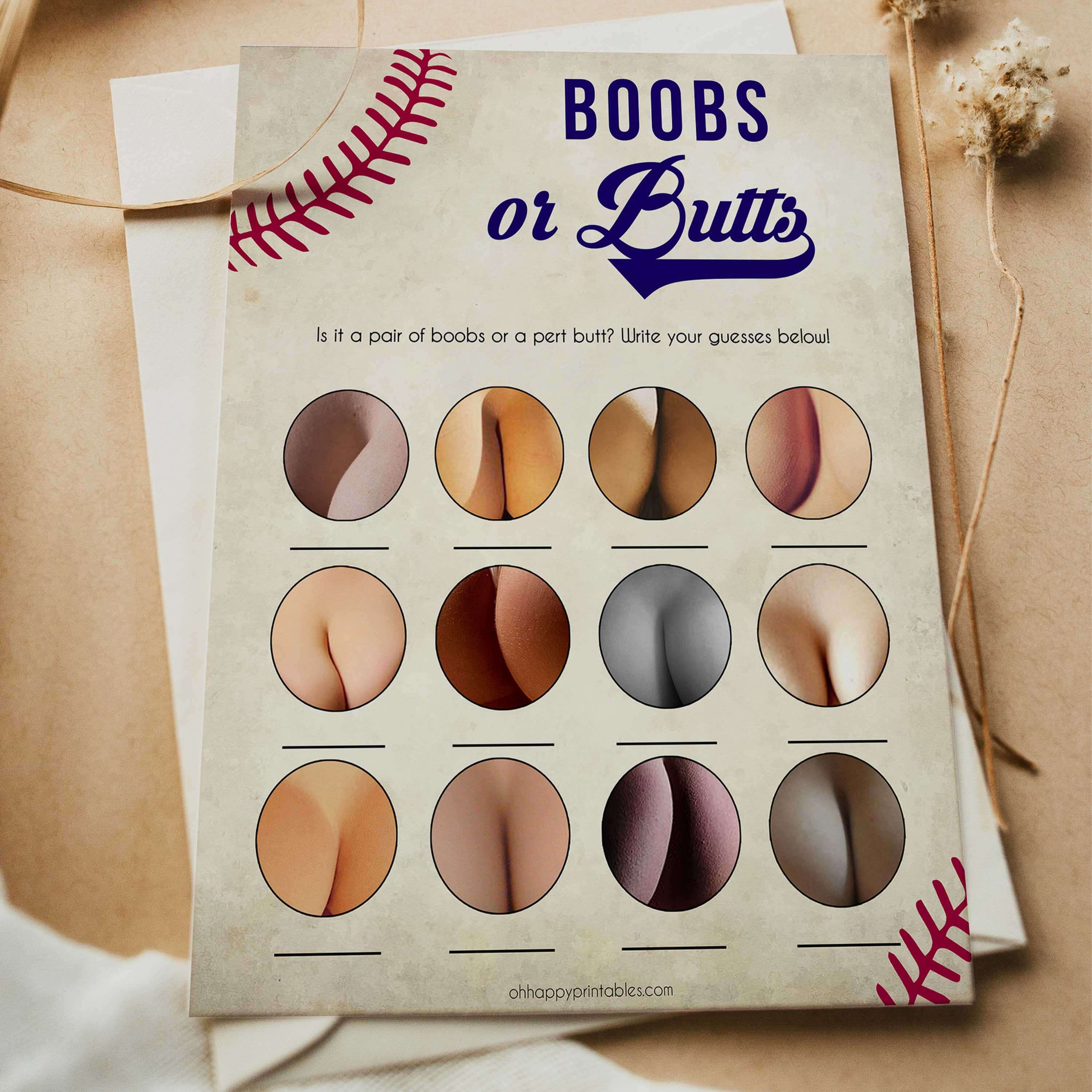 Boobs or Butts Baby Shower Game - Baseball Printable Baby Shower Games