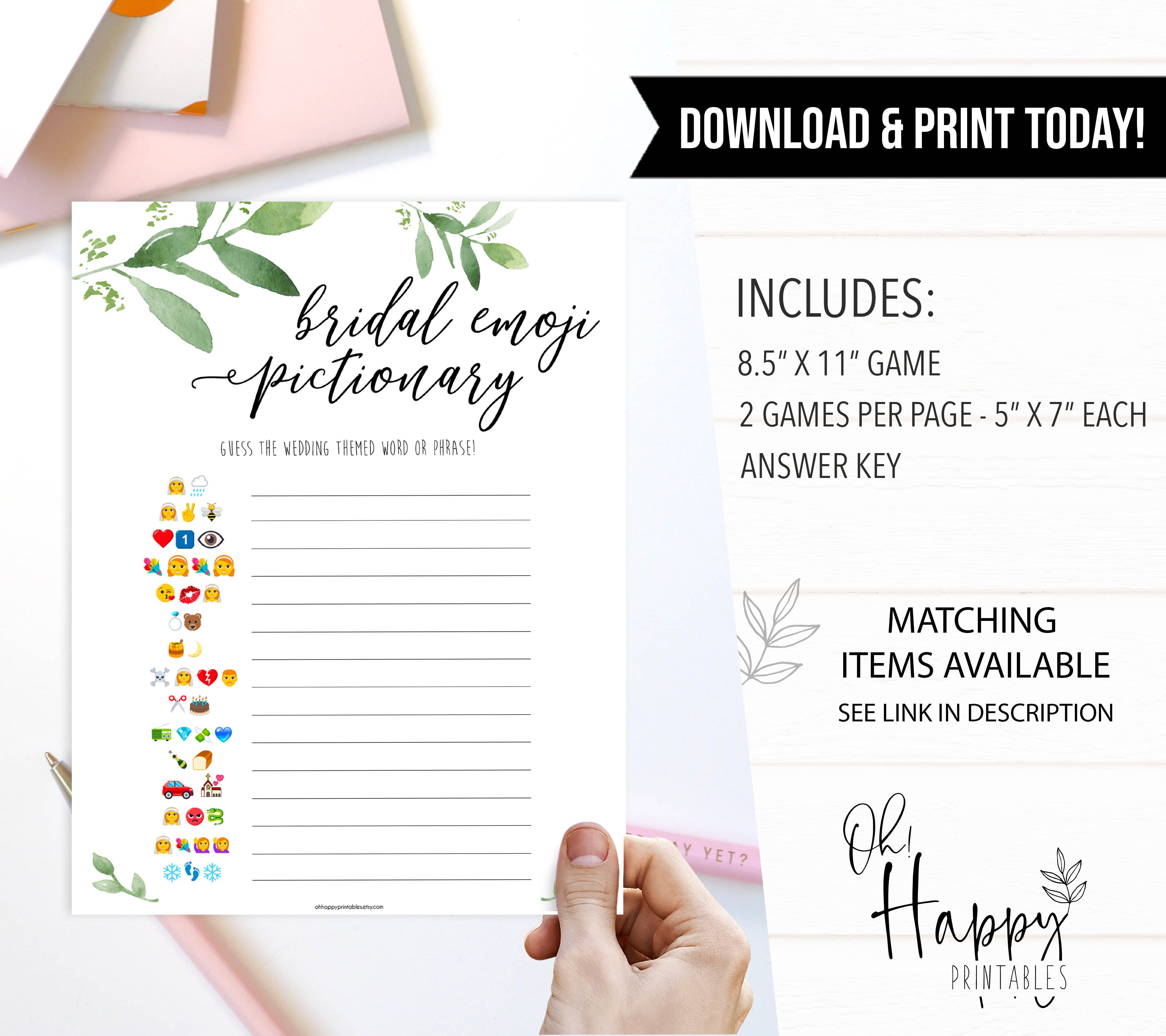 bridal emoji pictionary game, greenery bridal shower, fun bridal shower games, bachelorette party games, floral bridal games, hen party ideas