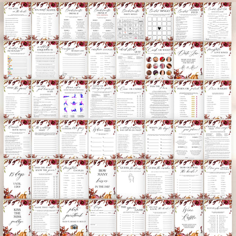 Fully editable and printable 100 bridal shower games with a Fall design. Perfect for a fall floral bridal shower