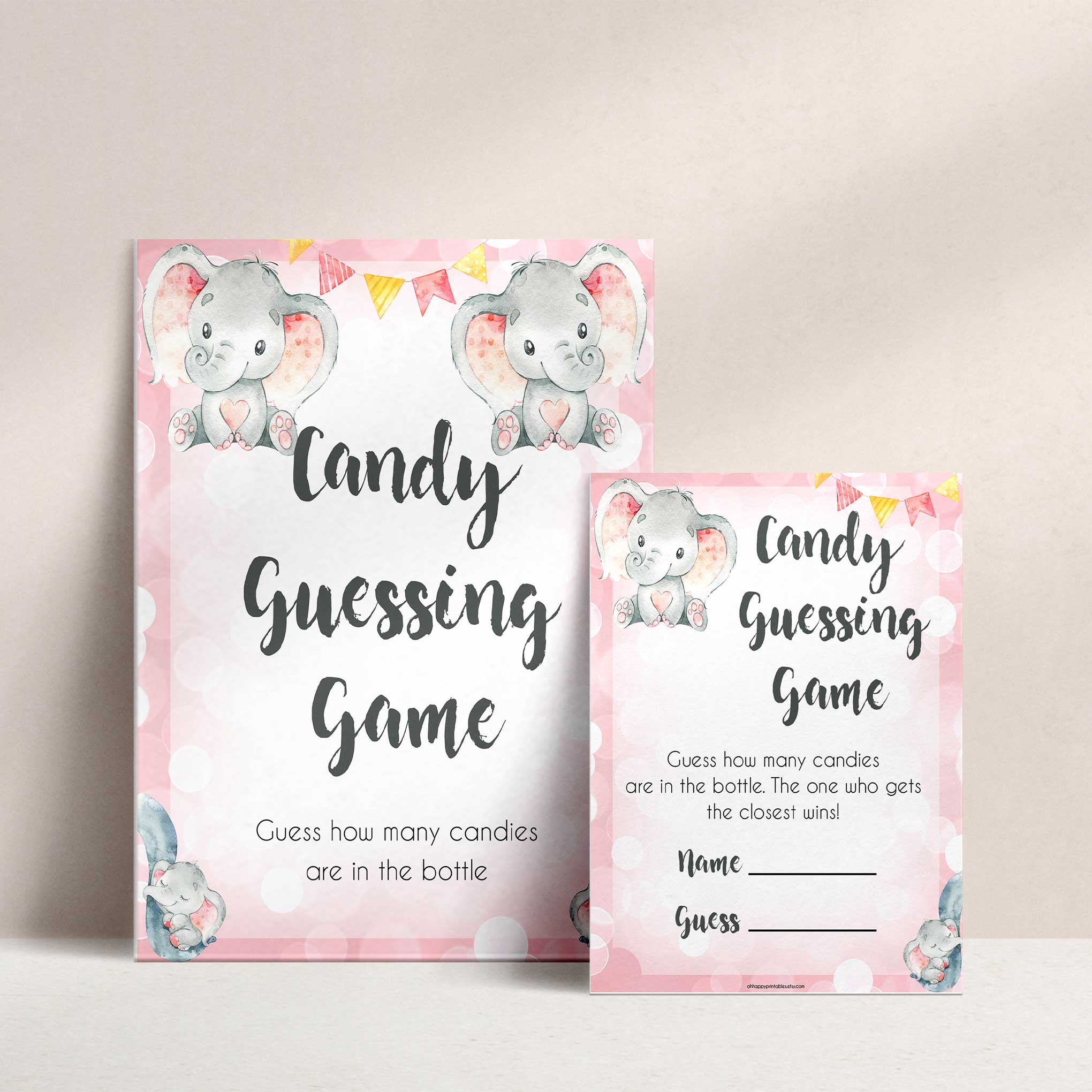 Candy Guessing Game Pink Elephant Printable Baby Shower Games