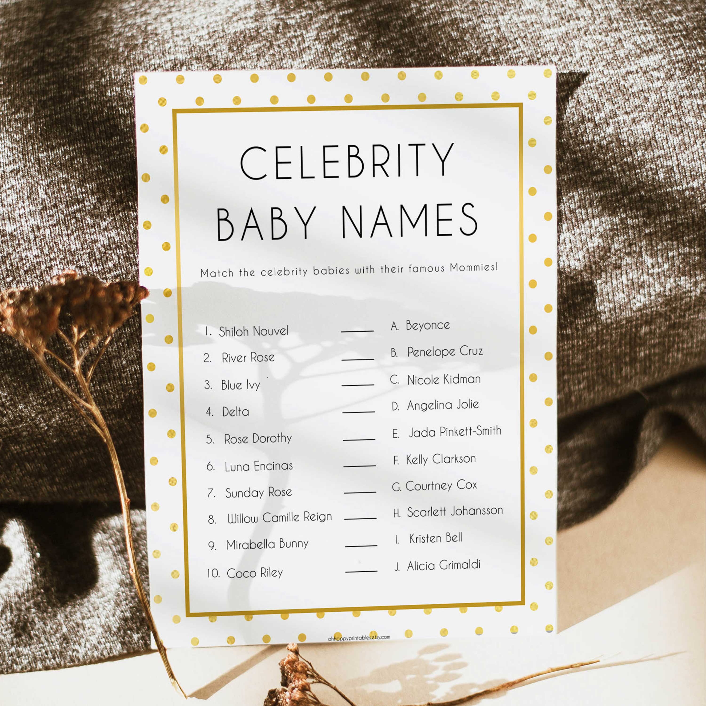 Celebrity Baby Names - Gold Dots Printable Baby Games