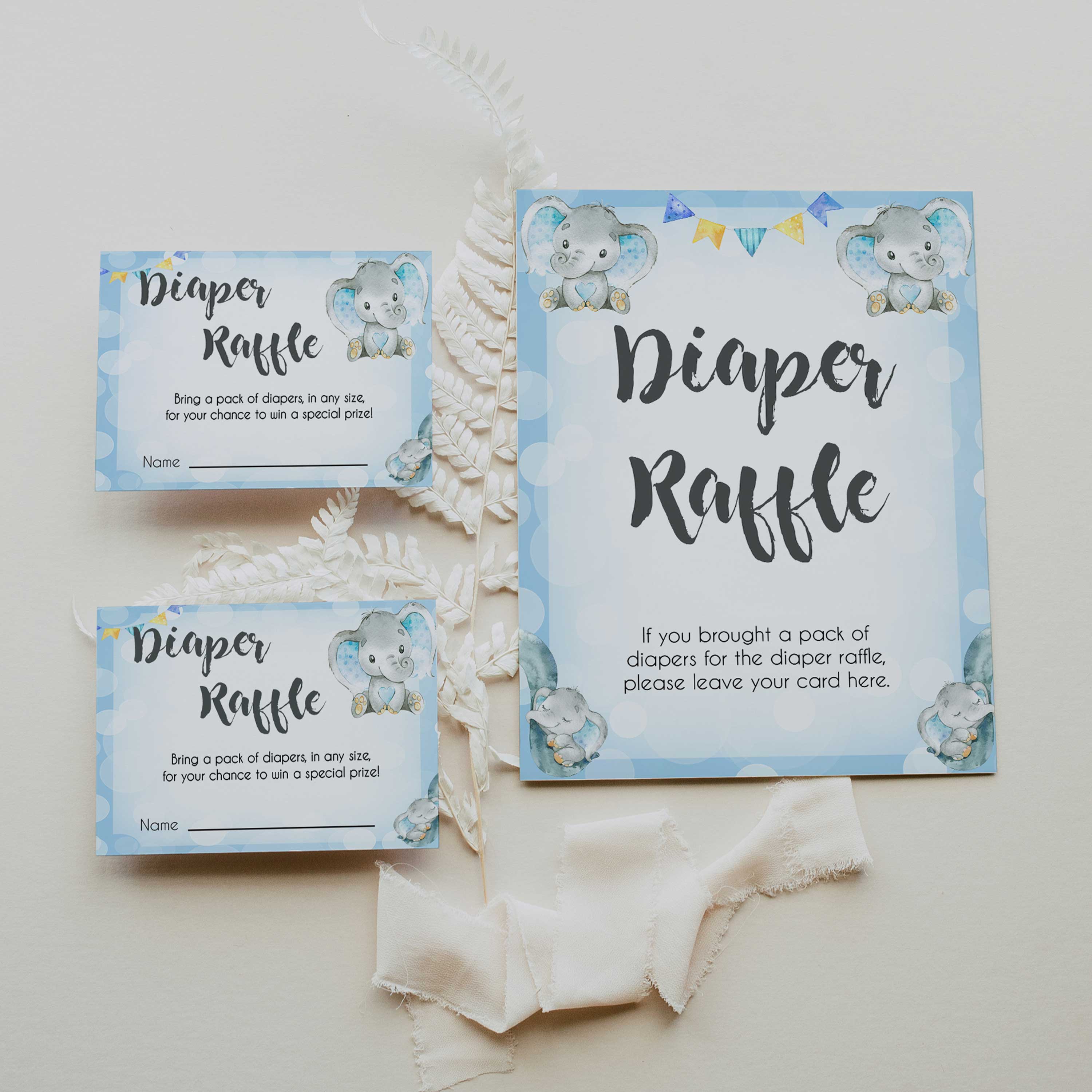 Diaper Raffle Game Blue Elephants Printable Baby Games