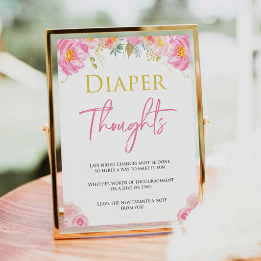 Pink blush floral diaper thoughts game, printable baby games, baby shower games, blush baby shower, floral baby games, girl baby shower ideas, pink baby shower ideas, floral baby games, popular baby games, fun baby games