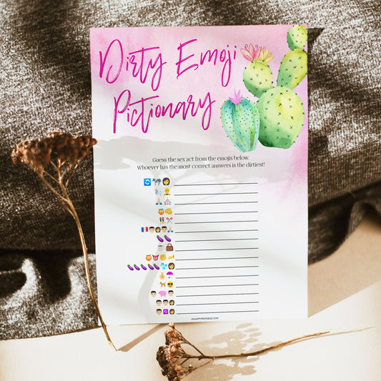 Bachelorette party game printable Dirty Emoji Pictionary, with a pink fiesta background and watercolour cactus design