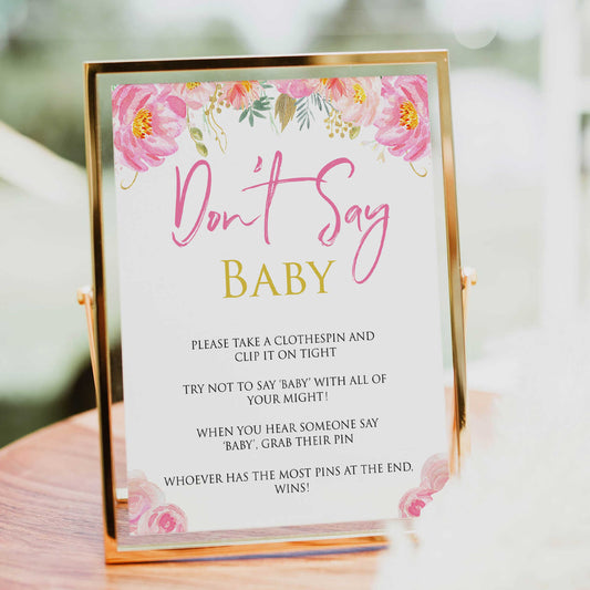 Pink blush floral dont say baby game, printable baby games, baby shower games, blush baby shower, floral baby games, girl baby shower ideas, pink baby shower ideas, floral baby games, popular baby games, fun baby games