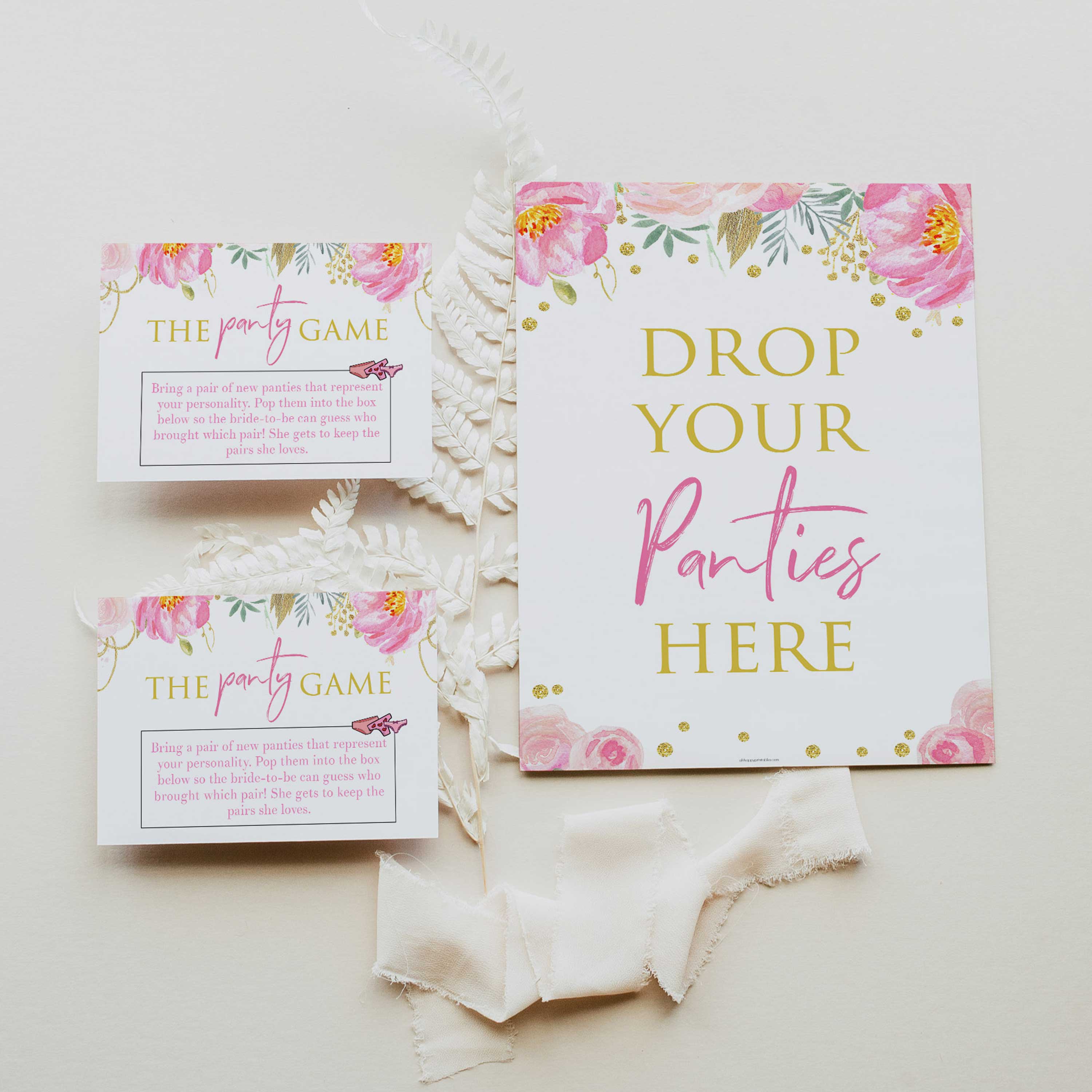 White Drop Your Panties Bachelorette Party Panty Game Floral Bridal Shower  Game 1 Sign + 30 Size Cards