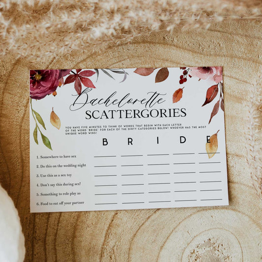 Fully editable and printable bachelorette scattergories game with a Fall design. Perfect for a fall floral bridal shower