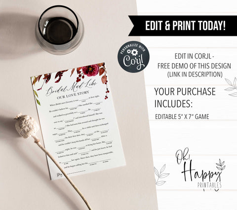 Fully editable and printable bridal mad libs game with a Fall design. Perfect for a fall floral bridal shower